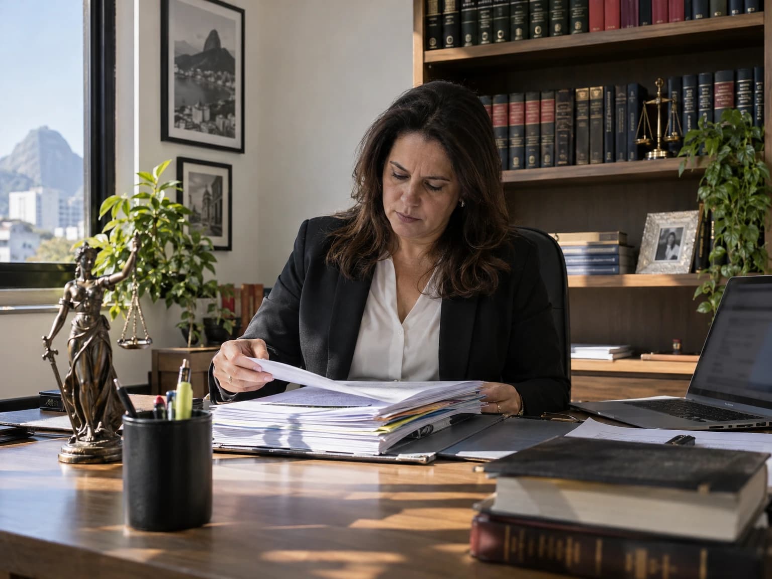Advogada revisando um processo em papel no escritório