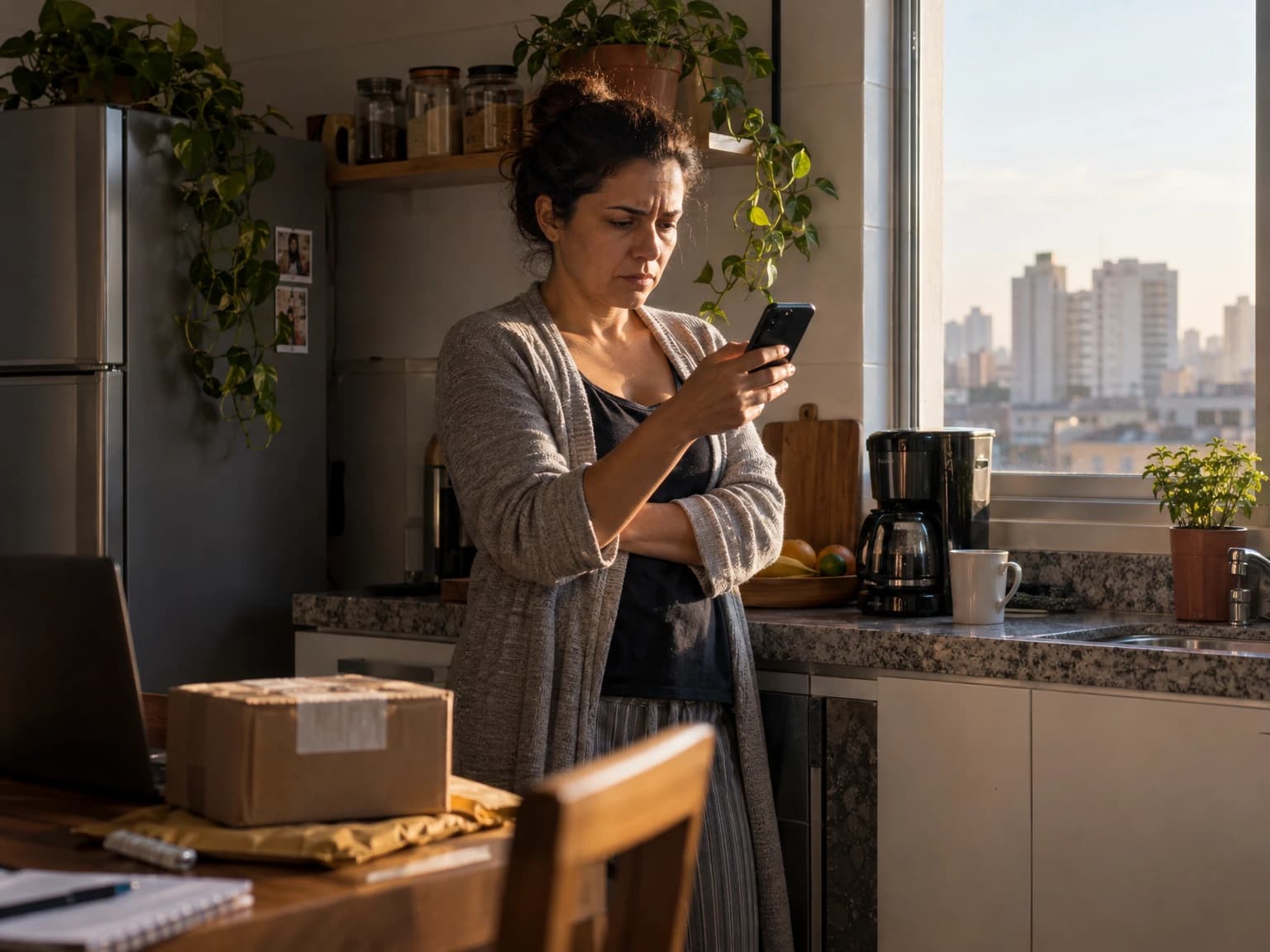 Dona de loja online lendo uma notificação no celular na cozinha, de manhã cedo