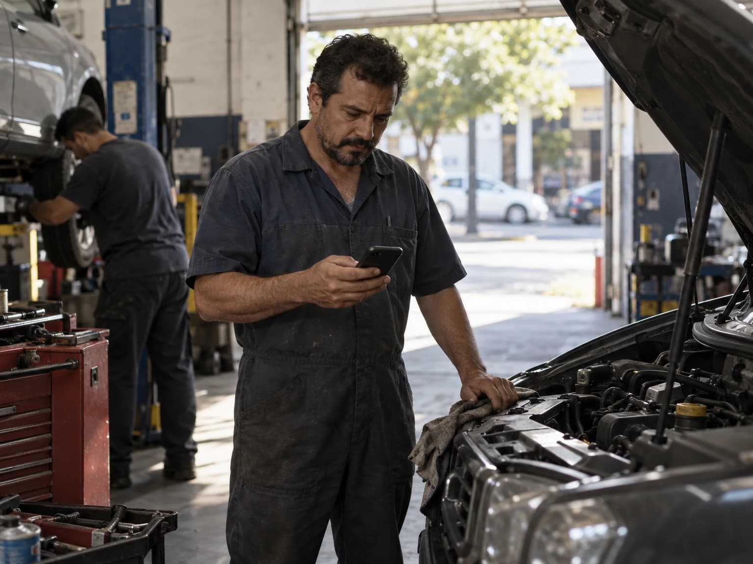 Dono de oficina mecânica olhando o celular ao lado de um carro