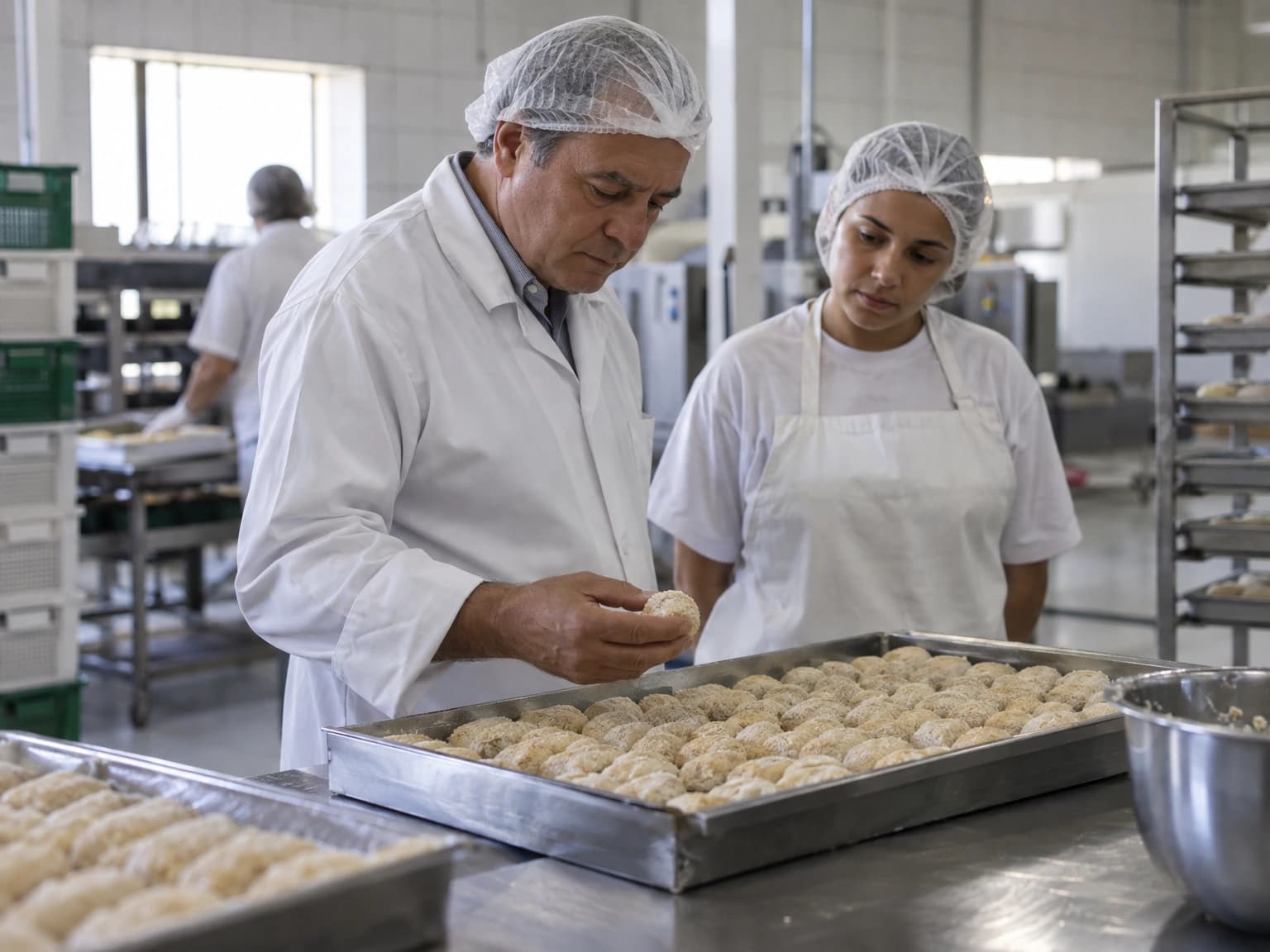 Supervisor de produção conferindo uma bandeja de produtos numa pequena fábrica de alimentos